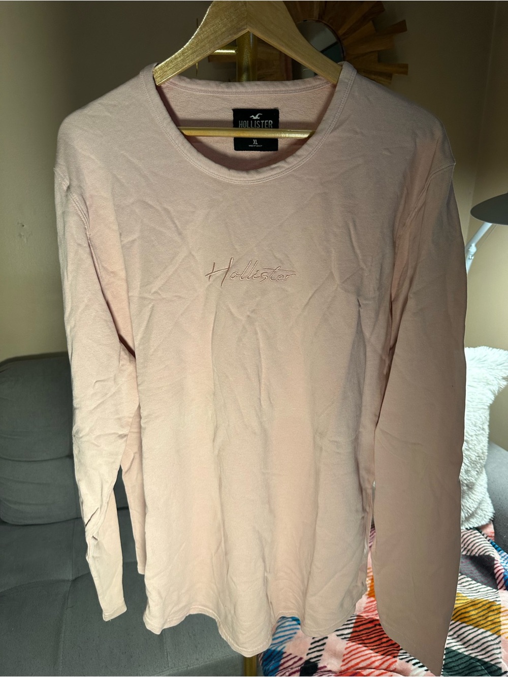 Hollister Pale Salmon Pink Embroidered Script Logo Long Sleeve Sweatshirt